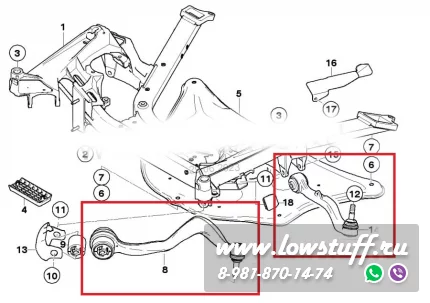 BMW E65, E66 комплект рычагов передней подвески LOWSTUFF 53BM0030 большой 8шт с рулевыми тягами и наконечниками