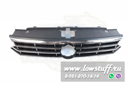 VW Passat B8 R line решетка радиатора черный глянец с хром полосками с отверстием для логотипа LOWSTUFF RGVWPASB8RLINE