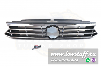 VW Passat B8 R line решетка радиатора черный глянец с хром полосками с отверстием для логотипа LOWSTUFF RGVWPASB8RLINE